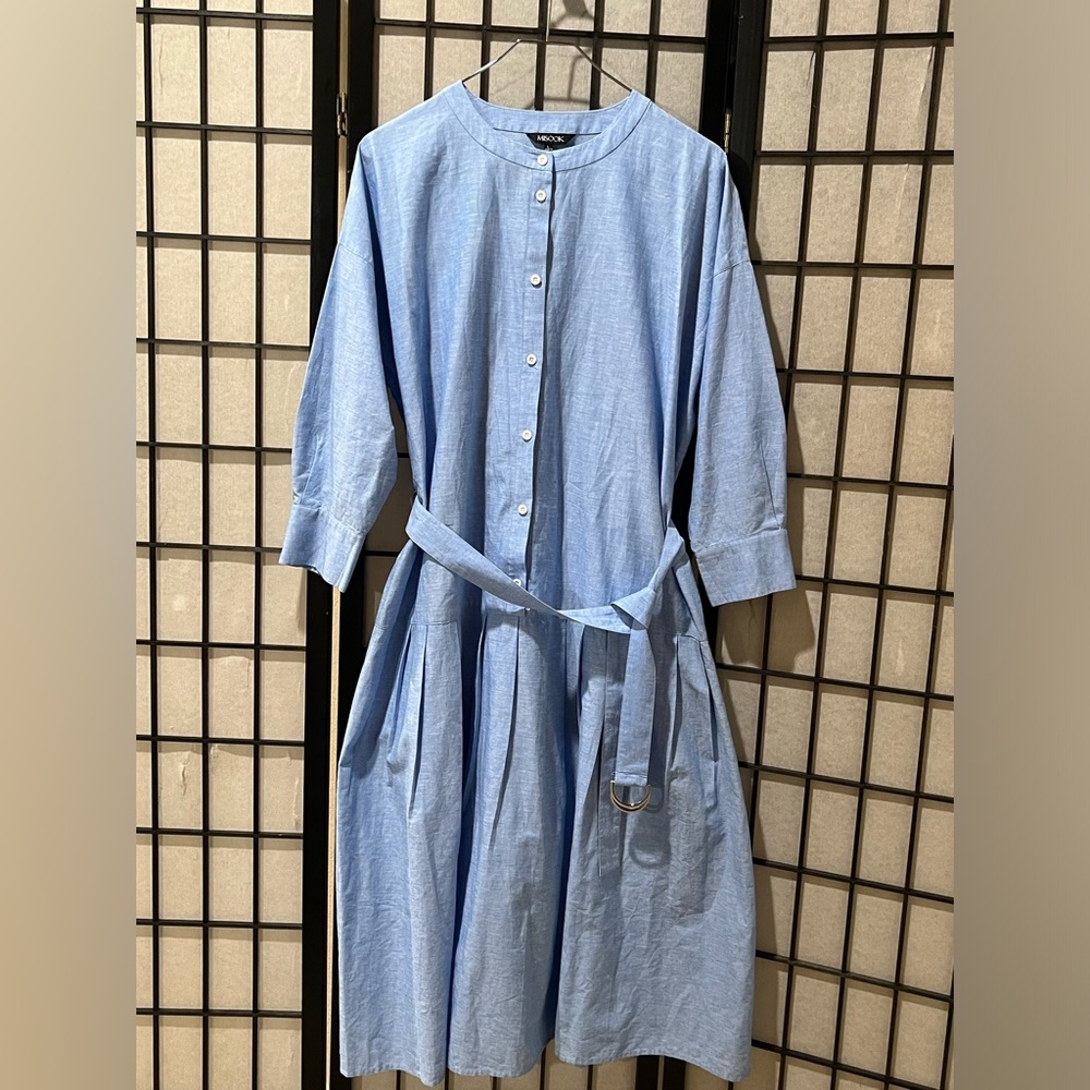 MISOOK LINEN/ COTTON BLEND Light Blue Pleated DROP WAIST SHIRT Dress SIZE L